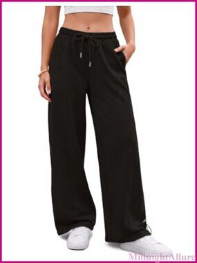 Wide Leg Sweatpants Elastic Waist Drawstring Pockets Adjustable Hem